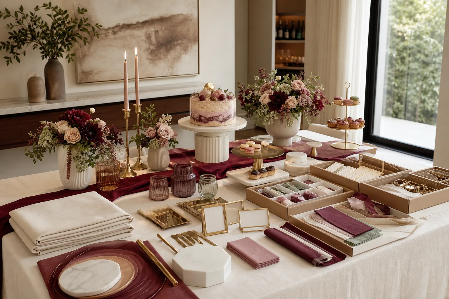 A coordinated celebration package with table décor, florals, candles and refined desserts