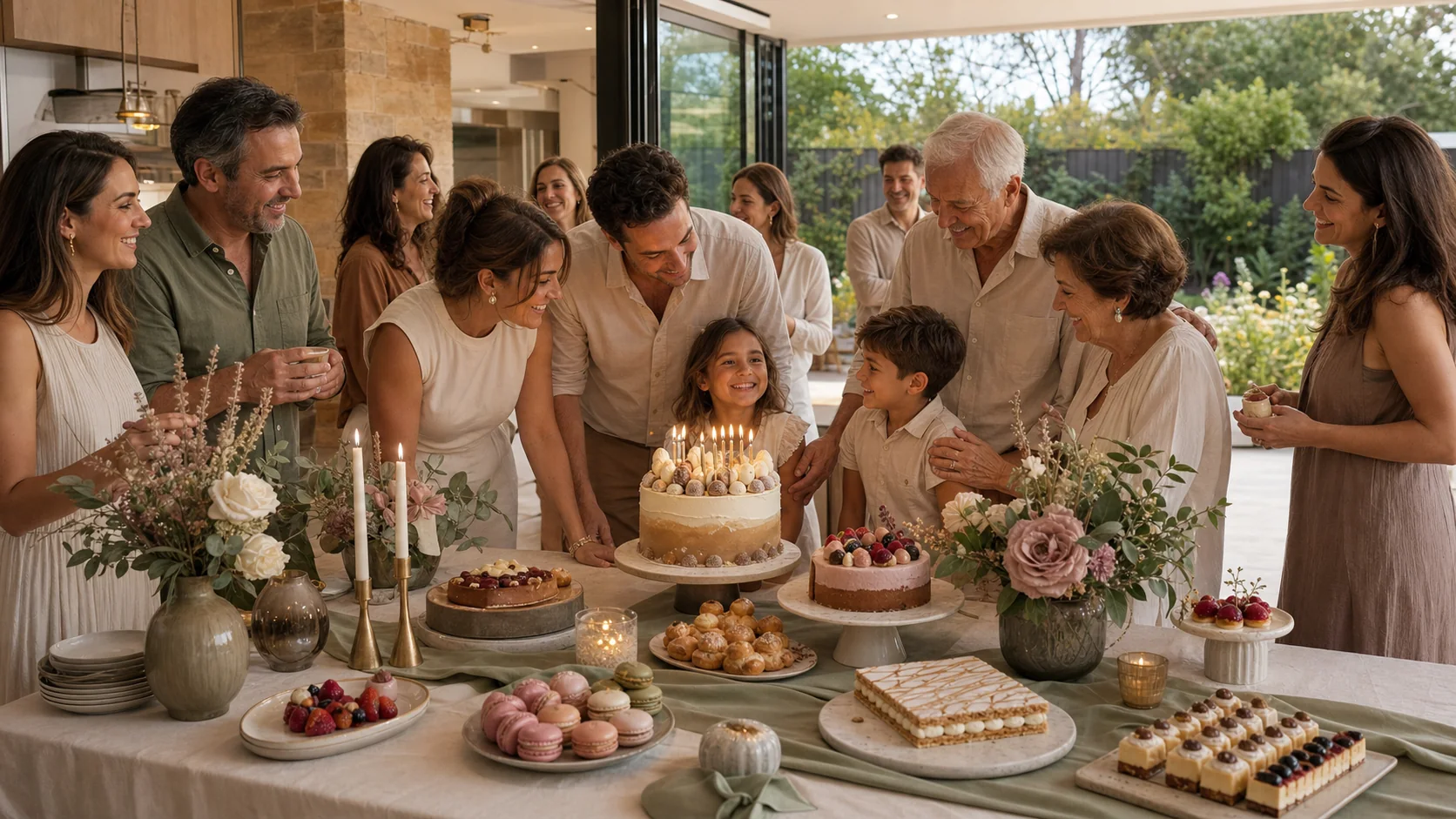 A family celebrating a child's birthday around a coordinated dessert table
