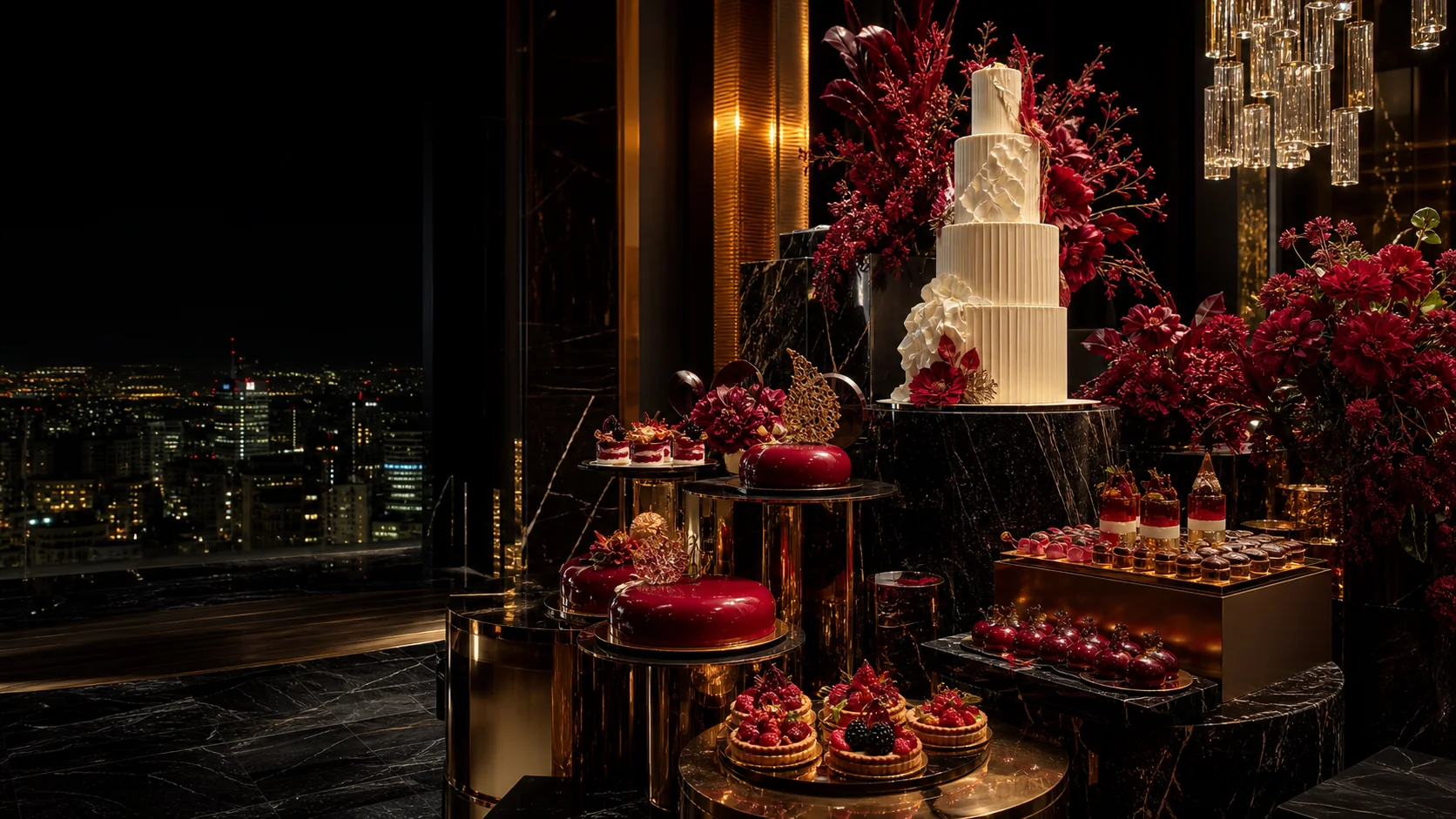 An elegant celebration table with cakes, French desserts and deep red floral styling