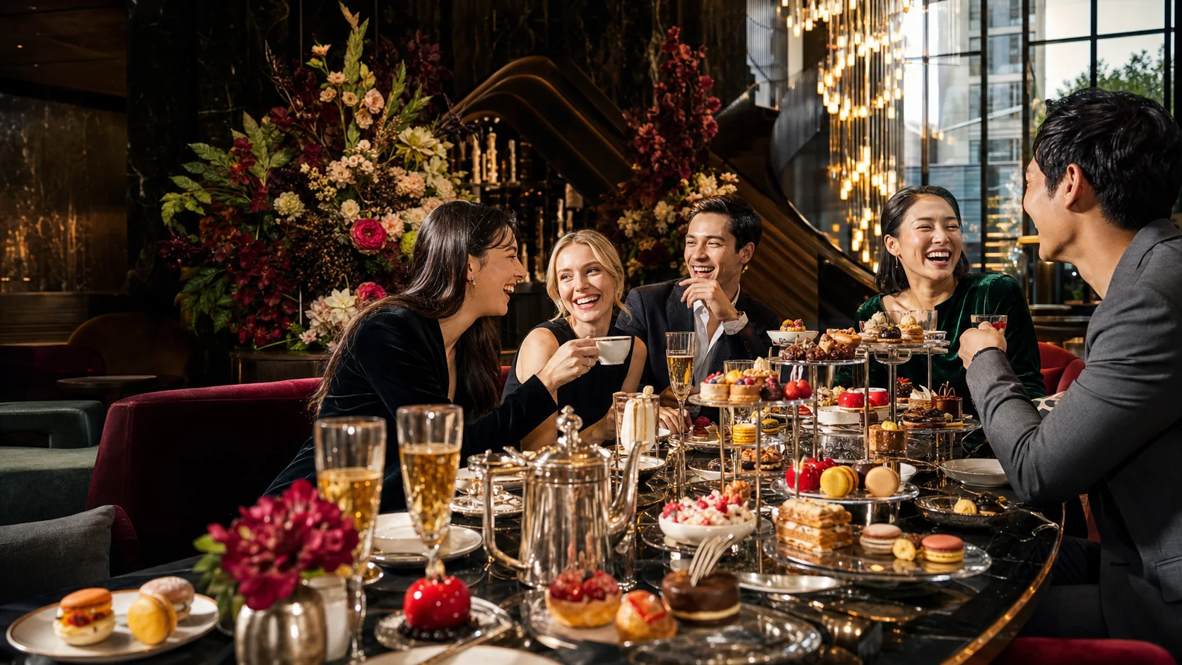 Friends enjoying an elegant afternoon tea in a premium hospitality venue