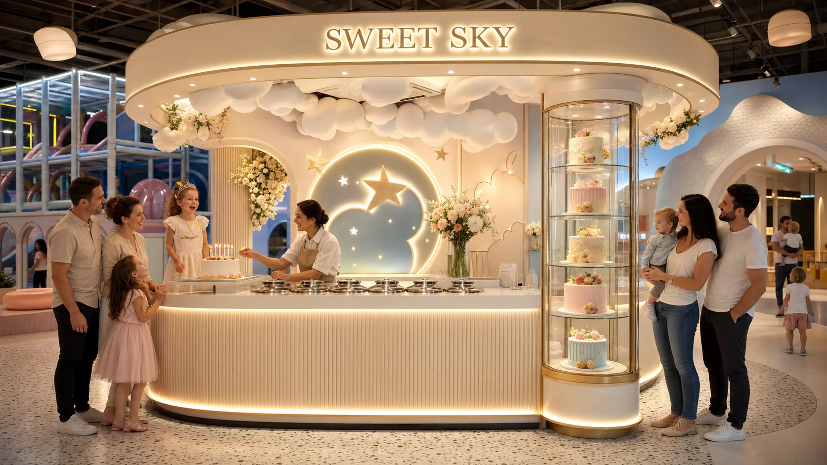 Concept design for a premium Sweet Sky gelato kiosk inside a children's playland