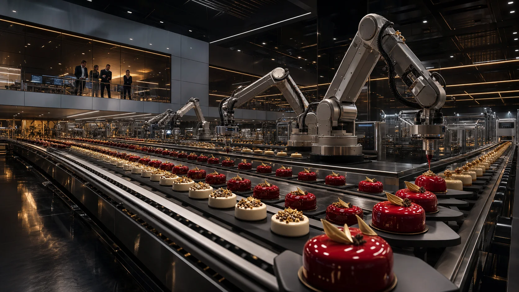 A clean, modern dessert production facility with skilled finishing and semi-automated equipment